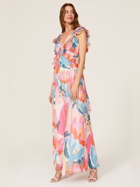 Women’s Sleeveless Multi-Color Maxi Dress with Ruffle Detail